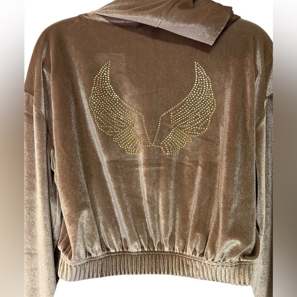 Light Brown Velour Crop Hoodie with Zip up, GUC. size M - Picture 2 of 3